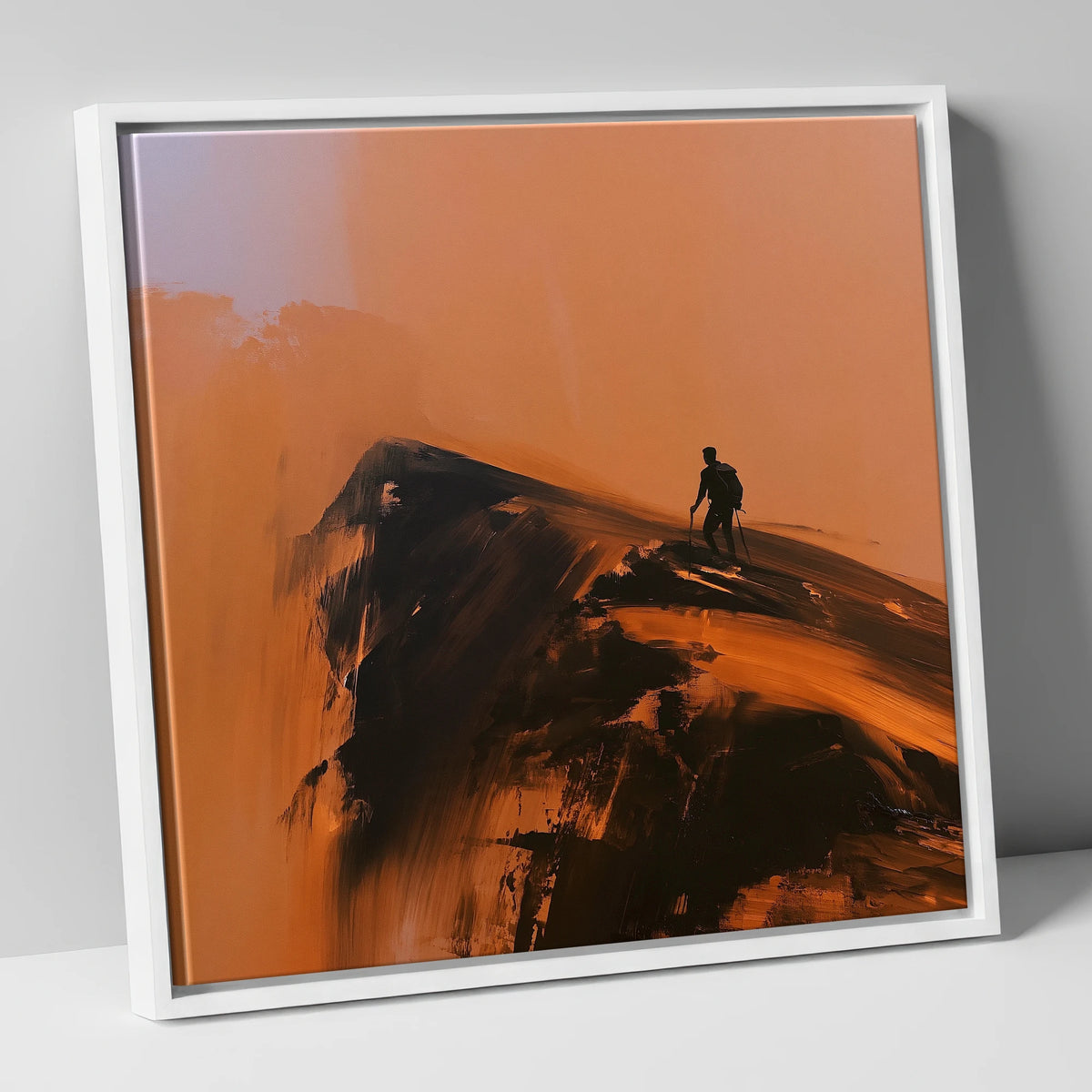 Striding Edge Silhouette in Amber lake district walking canvas wall art in white frame