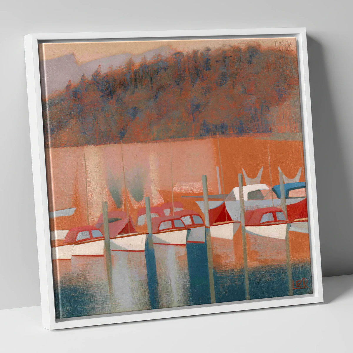 Windermere Boats in Terracotta Light lake district lake canvas wall art in white frame