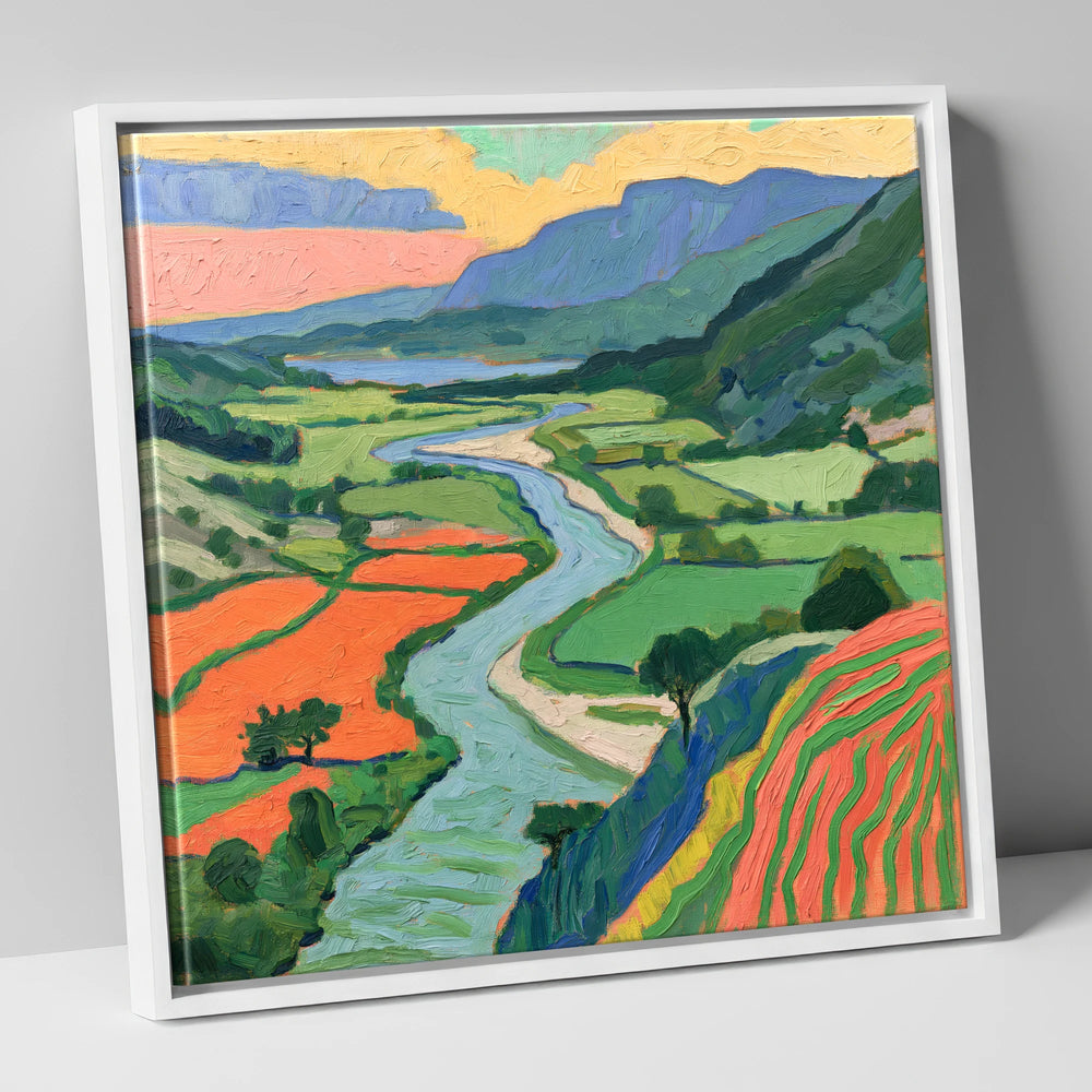 Winding River Through Vivid Fells lake district waterfall canvas wall art in white frame