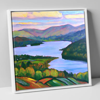 Vibrant Sunset Above Ambleside lake district village canvas wall art in white frame