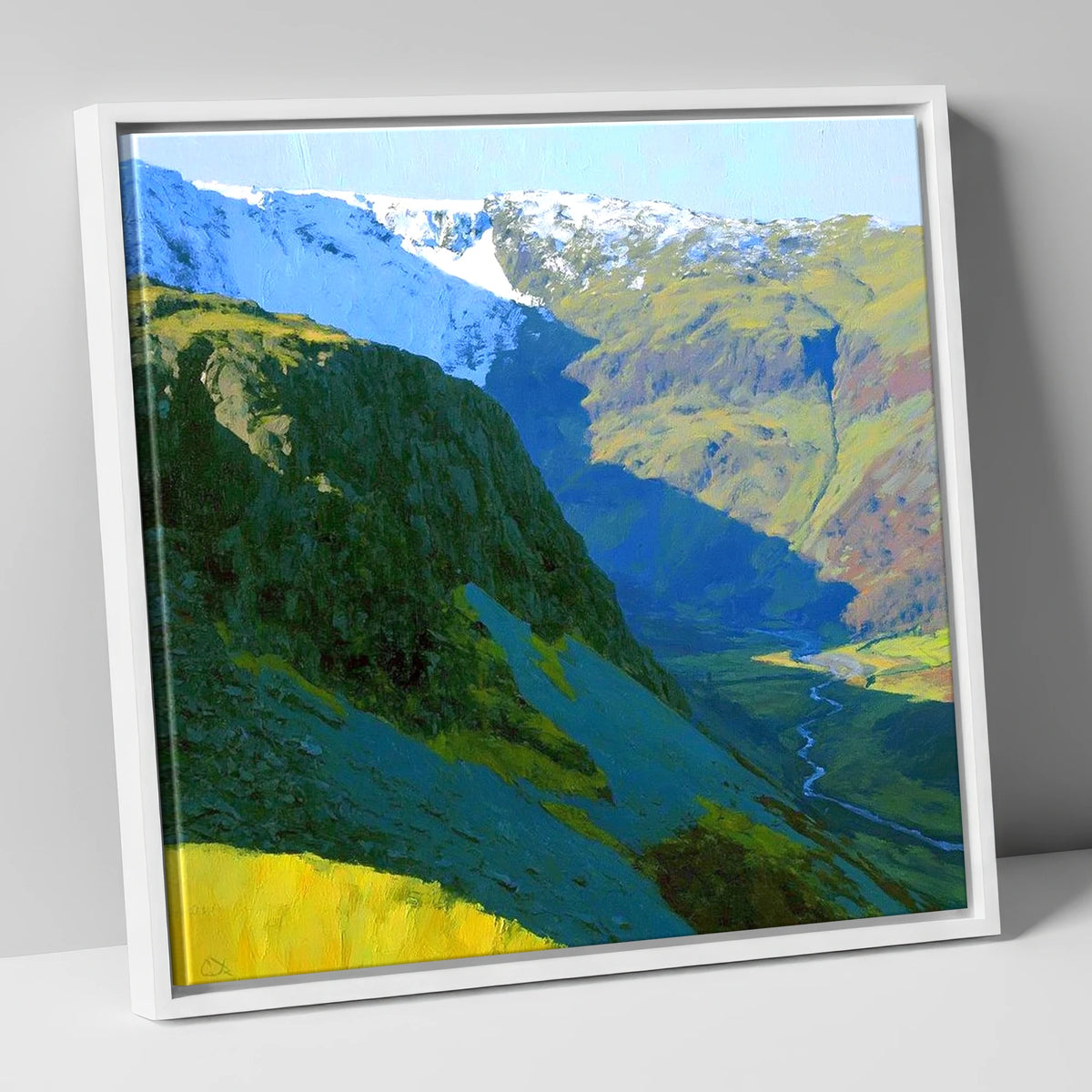 Vibrant Tarn Crag in Snow lake district fell canvas wall art in white frame