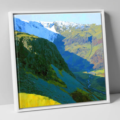 Vibrant Tarn Crag in Snow lake district fell canvas wall art in white frame