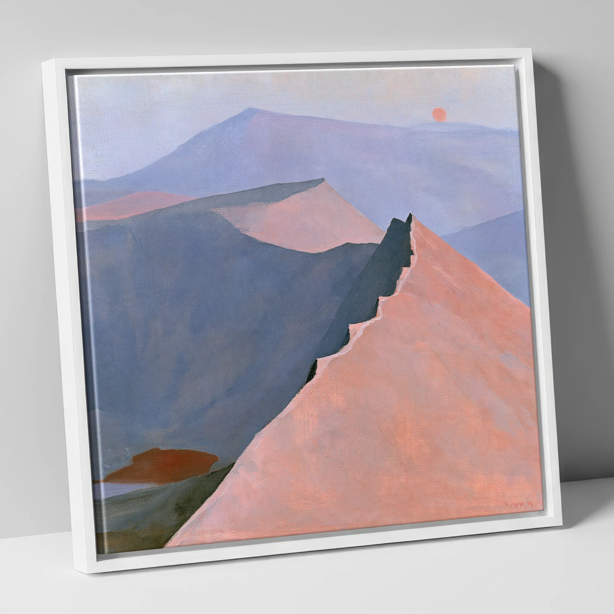 Striding Edge in Peach Light lake district walking canvas wall art in white frame