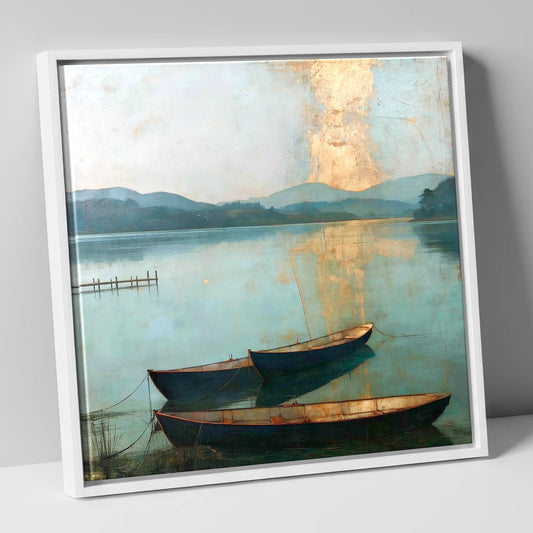 Golden Light over Windermere Boats lake district lake canvas wall art in white frame