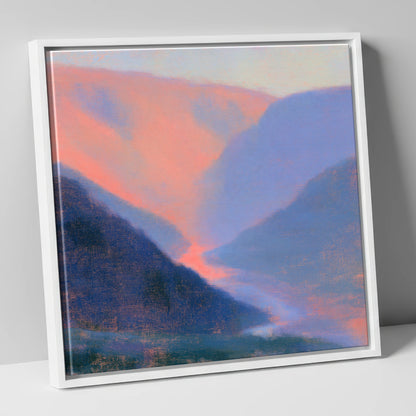 Winding River in Peach Twilight lake district waterfall canvas wall art in white frame