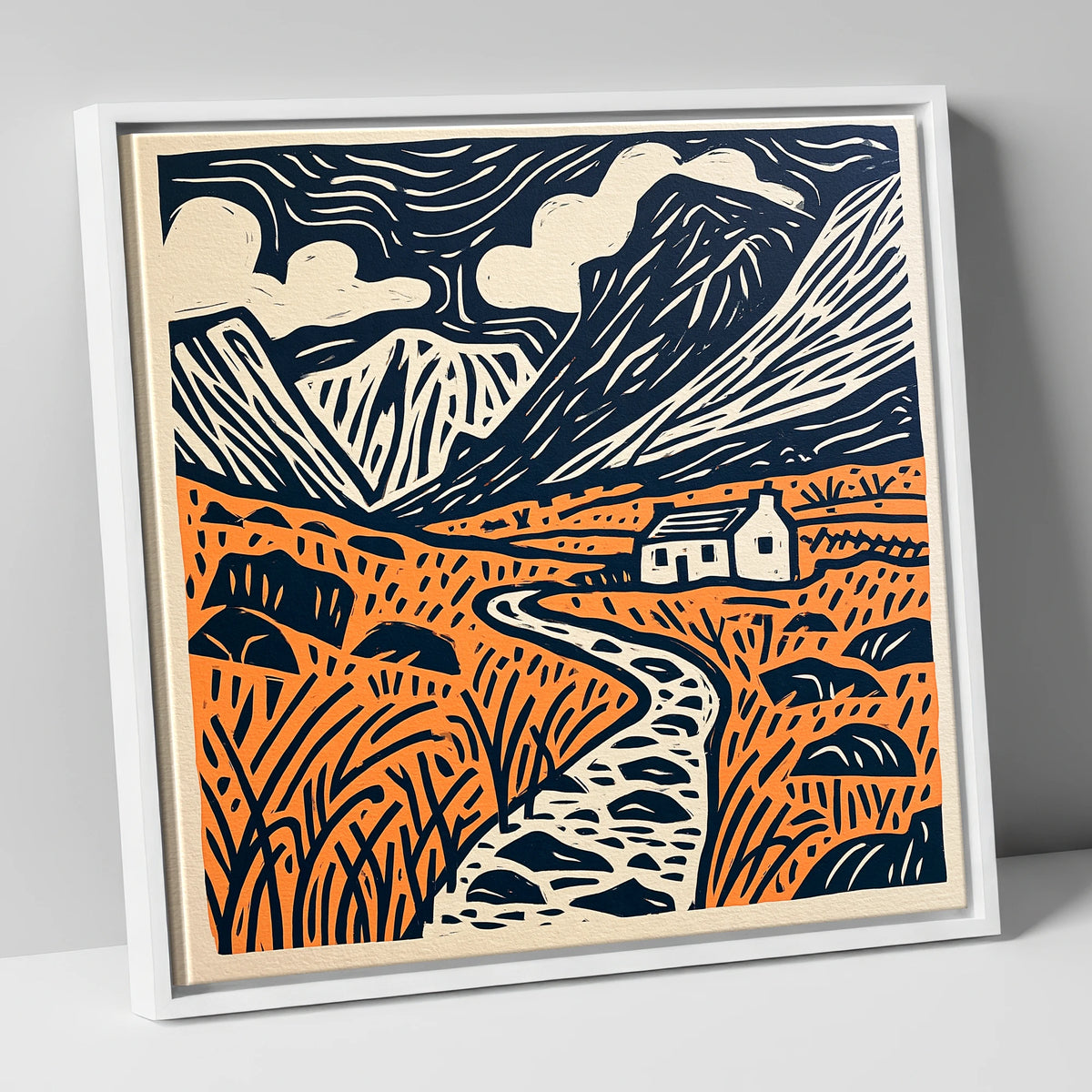 Eskdale Cottage and Navy Fells lake district valley canvas wall art in white frame