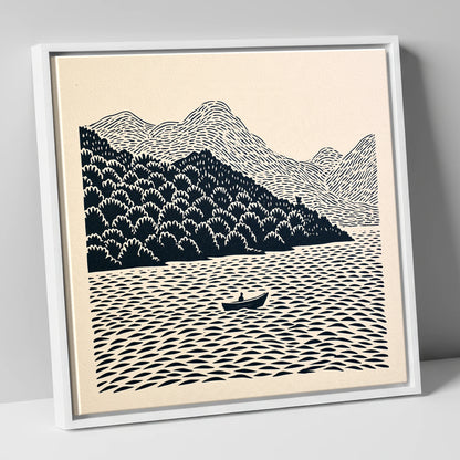 Rowing Boat Beneath Coniston Fells lake district lake canvas wall art in white frame