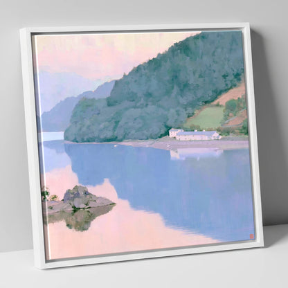 Pink Dawn on Coniston Water lake district lake canvas wall art in white frame