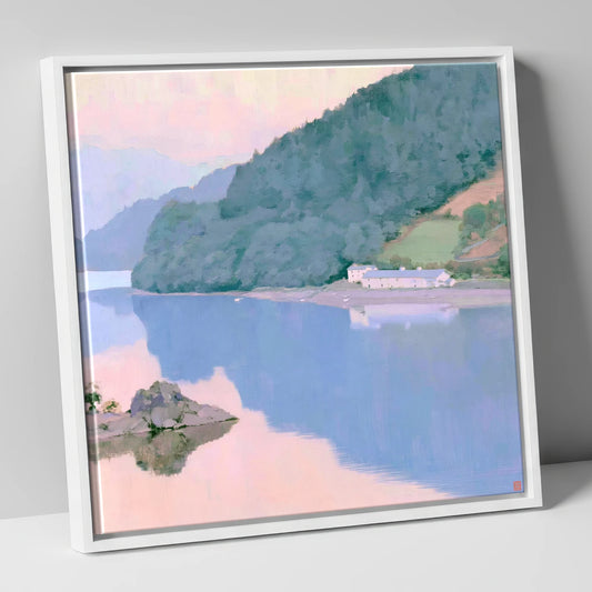 Pink Dawn on Coniston Water lake district lake canvas wall art in white frame