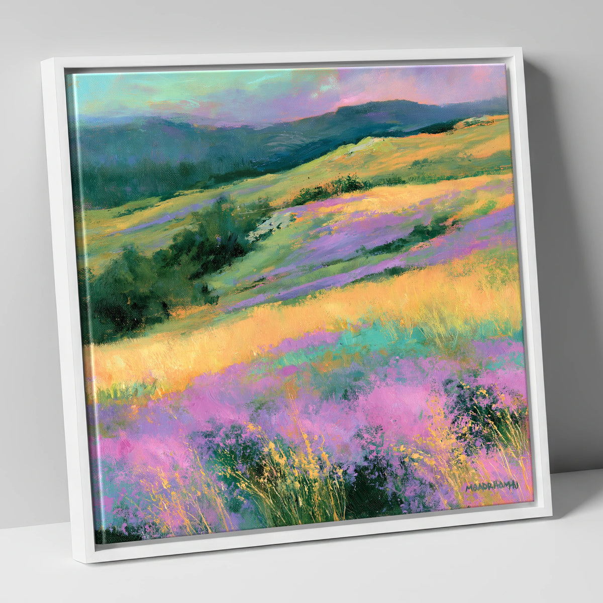 Vibrant Heather on the Fellside flowers & fellsides canvas wall art in white frame