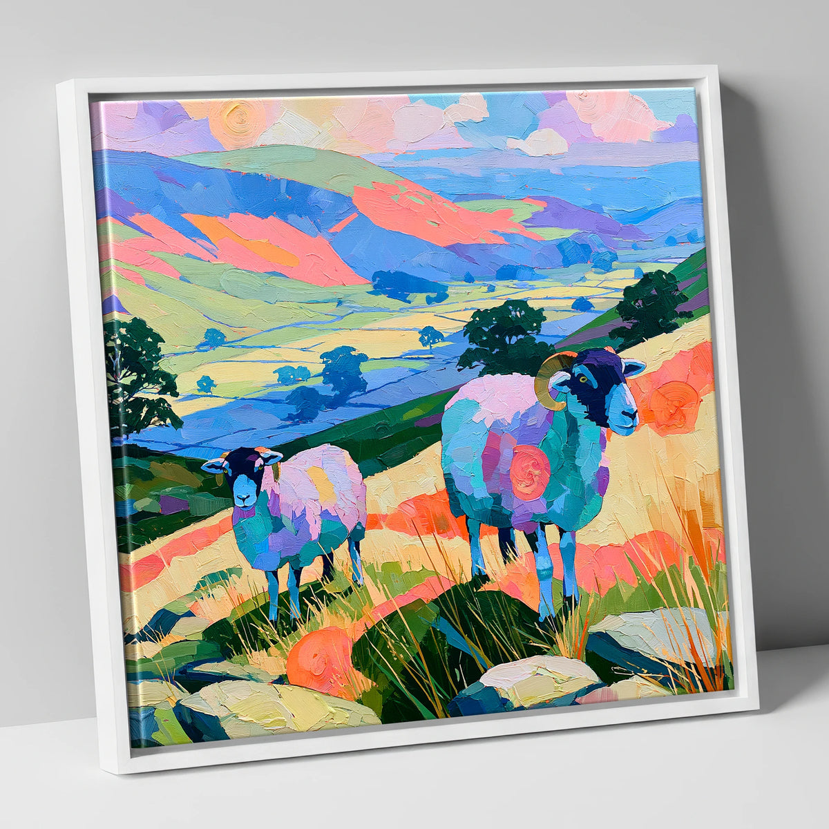 Vibrant Herdwick Sheep Fellside lake district wildlife canvas wall art in white frame