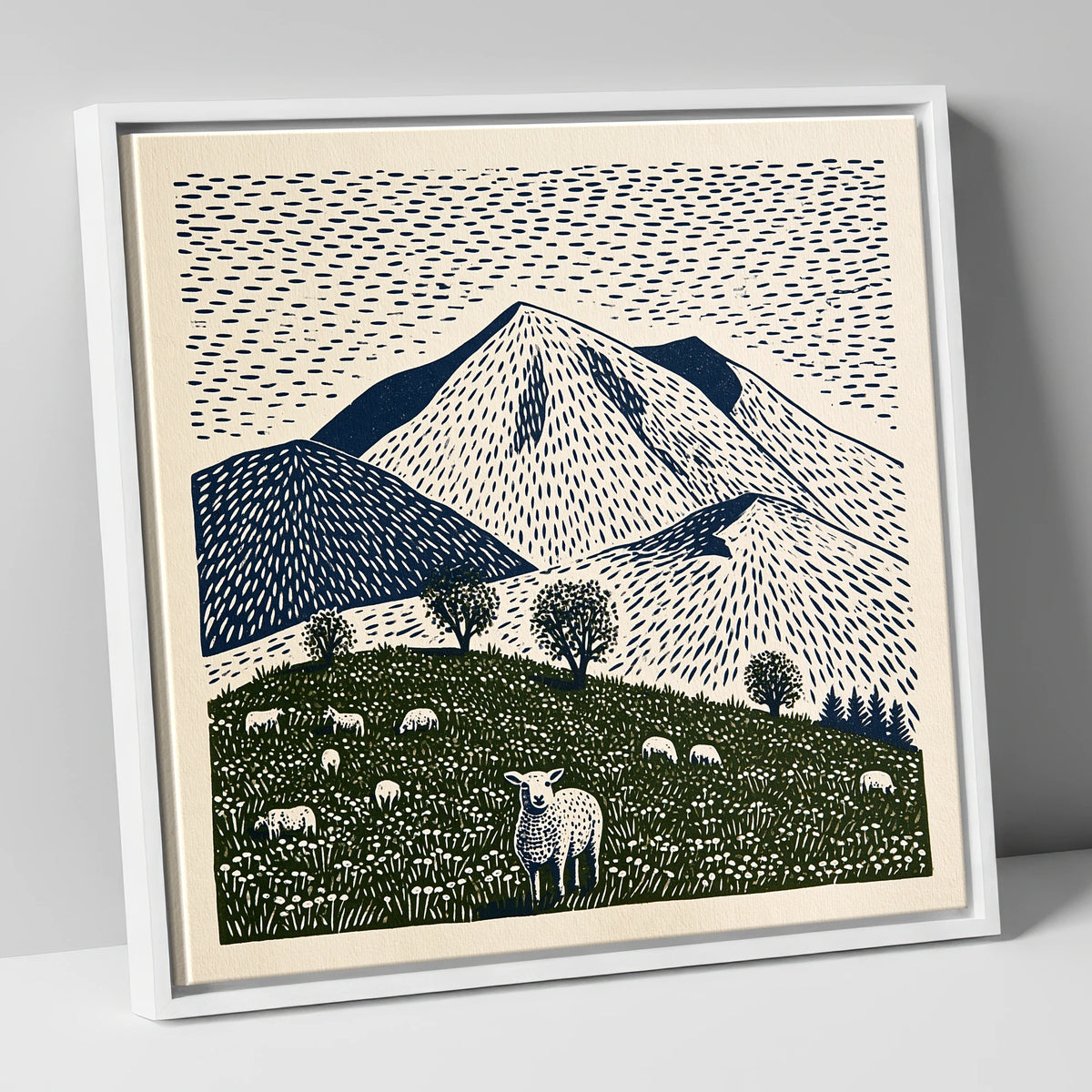 Skiddaw with Grazing Flock lake district fell canvas wall art in white frame