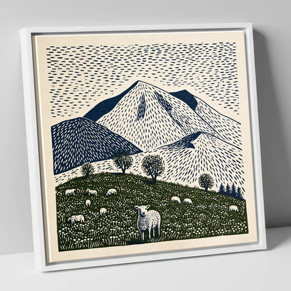 Skiddaw with Grazing Flock lake district fell canvas wall art in white frame