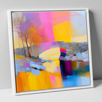 Stone Bridge Under Fuchsia Sky lake district waterfall canvas wall art in white frame
