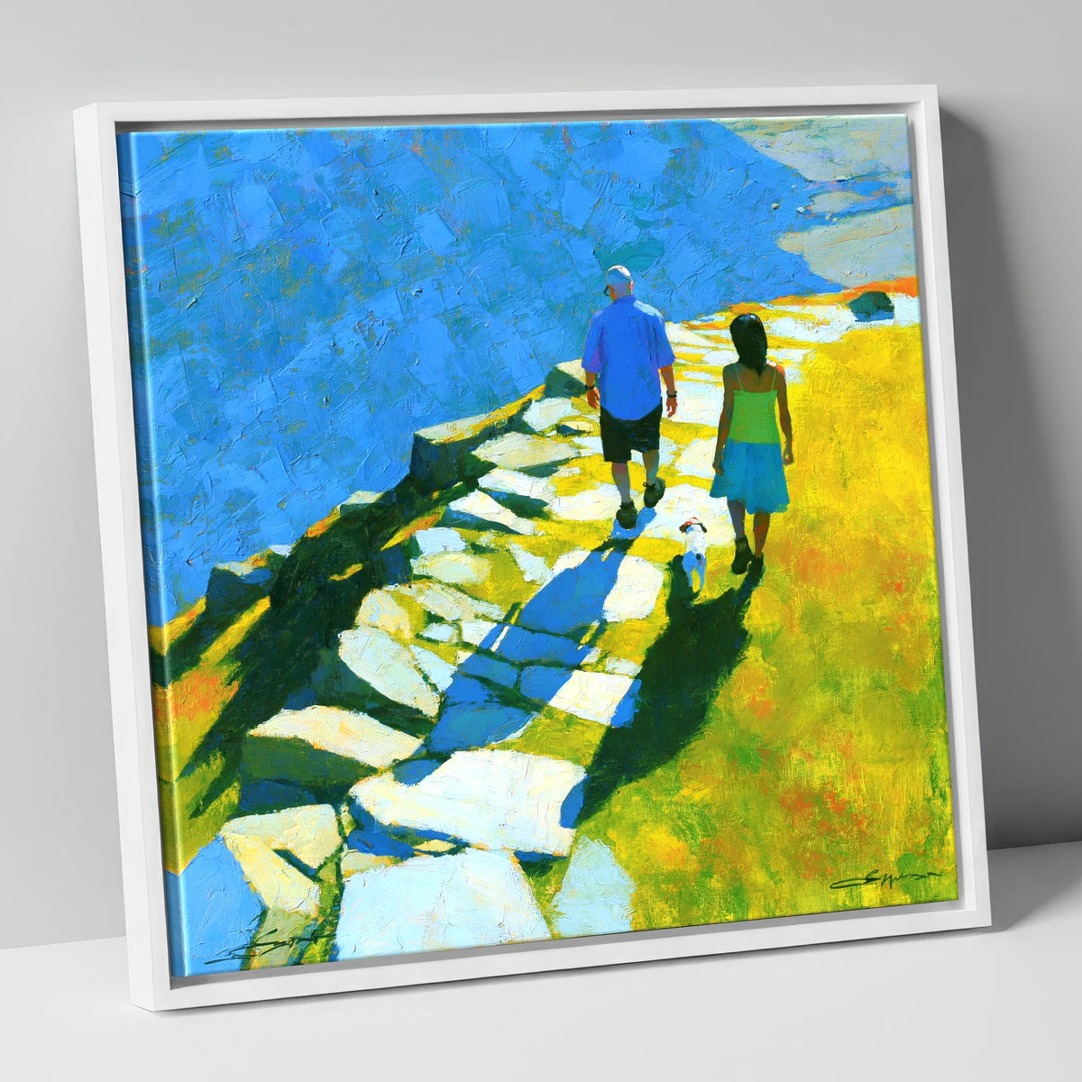 Summer Fell Walk with Blue Shadows lake district walking canvas wall art in white frame