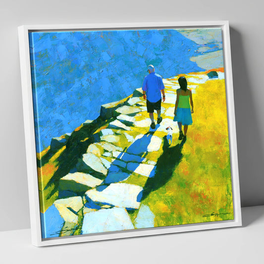Summer Fell Walk with Blue Shadows lake district walking canvas wall art in white frame