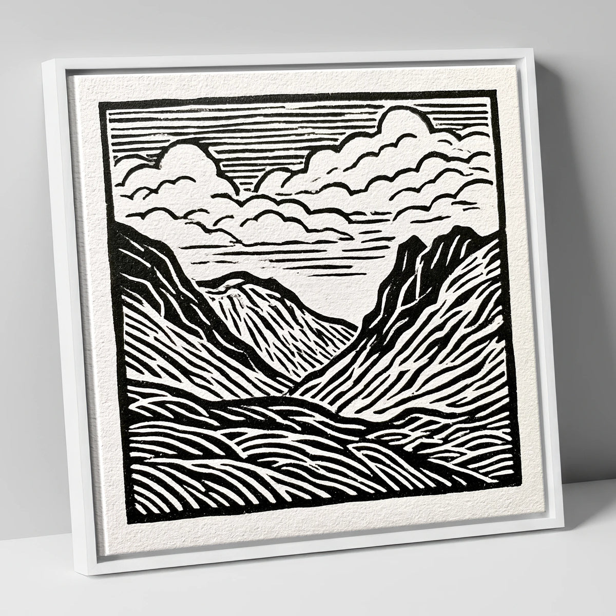 Monochrome Great Langdale Valley lake district valley canvas wall art in white frame