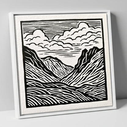 Monochrome Great Langdale Valley lake district valley canvas wall art in white frame