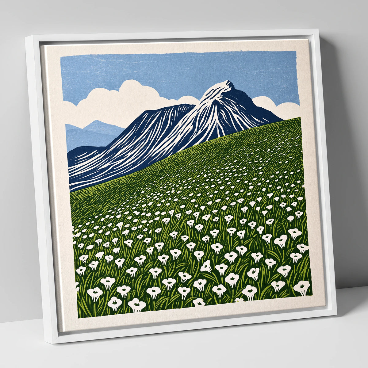 Blencathra and White Fellside Blooms lake district fell canvas wall art in white frame