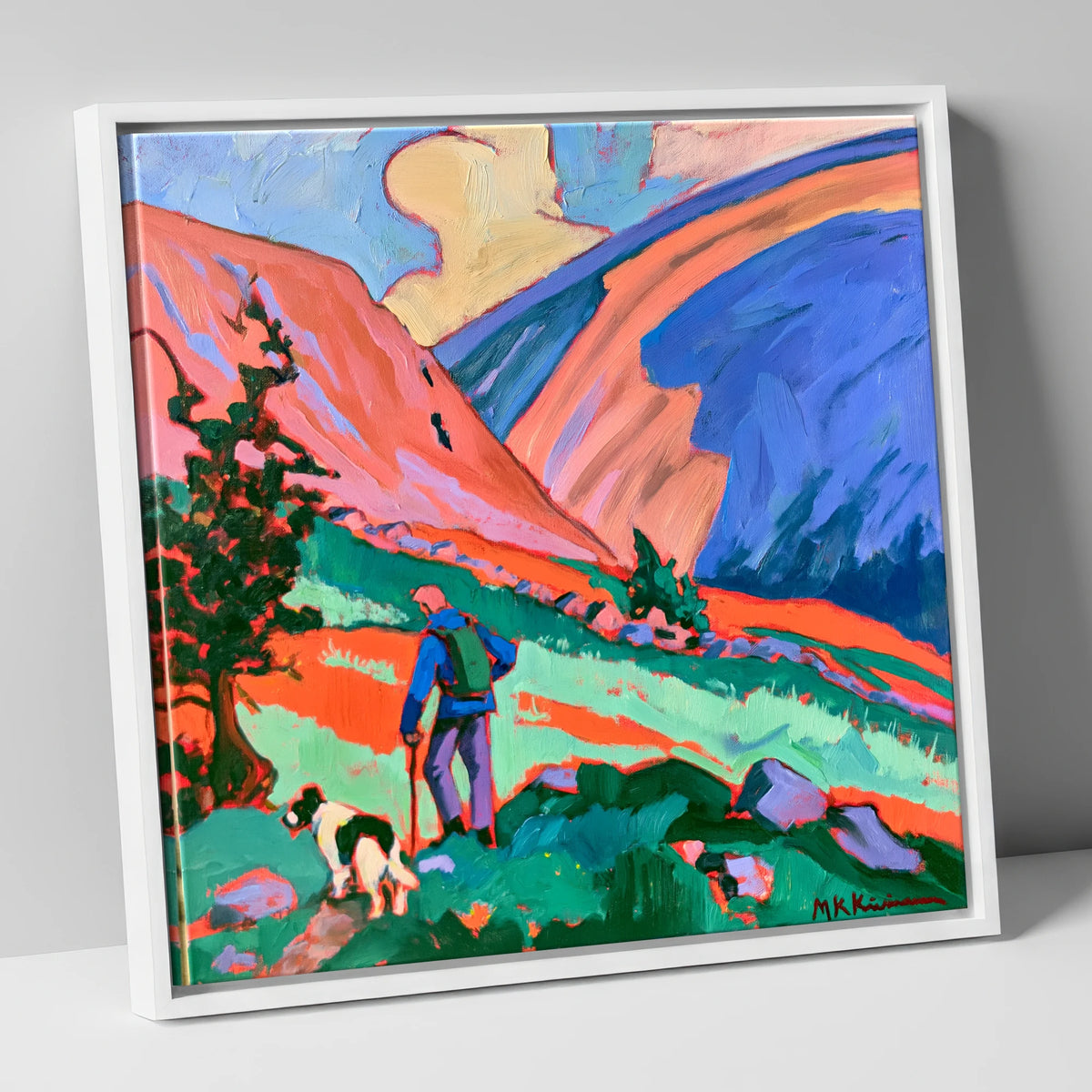 Vibrant Dog Walk on Threlkeld gifts for dog walkers canvas wall art in white frame
