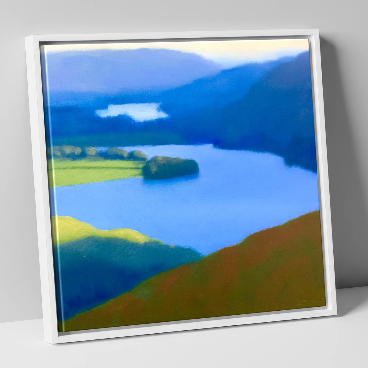 Grasmere Lake in Ultramarine Blue lake district lake canvas wall art in white frame
