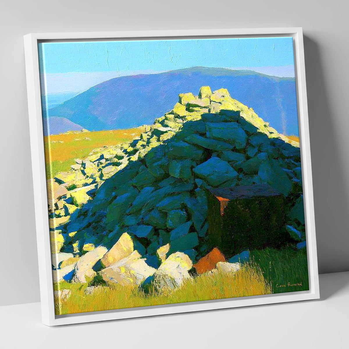 Sunlit Cairn on Grike Summit lake district fell canvas wall art in white frame