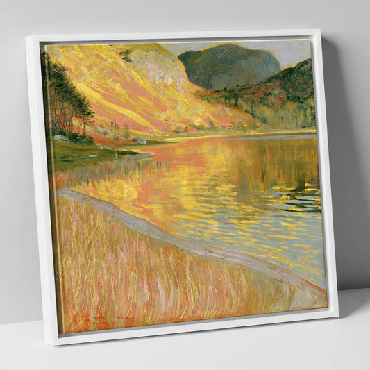 Golden Reflections on Calm Lake lake district lake canvas wall art in white frame