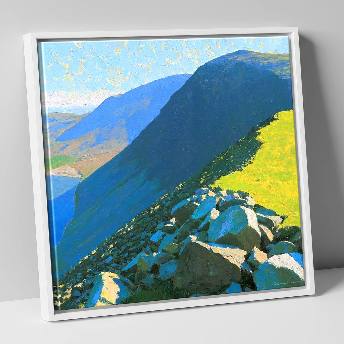 Middle Fell Ridge and Sunlit Boulders lake district fell canvas wall art in white frame