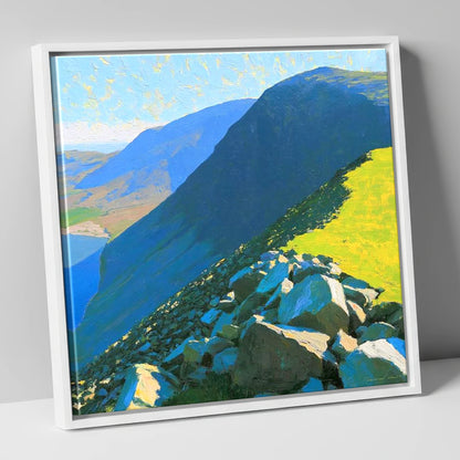 Middle Fell Ridge and Sunlit Boulders lake district fell canvas wall art in white frame