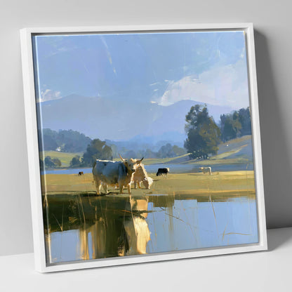 Highland Cattle Lakeshore Reflections lake district wildlife canvas wall art in white frame
