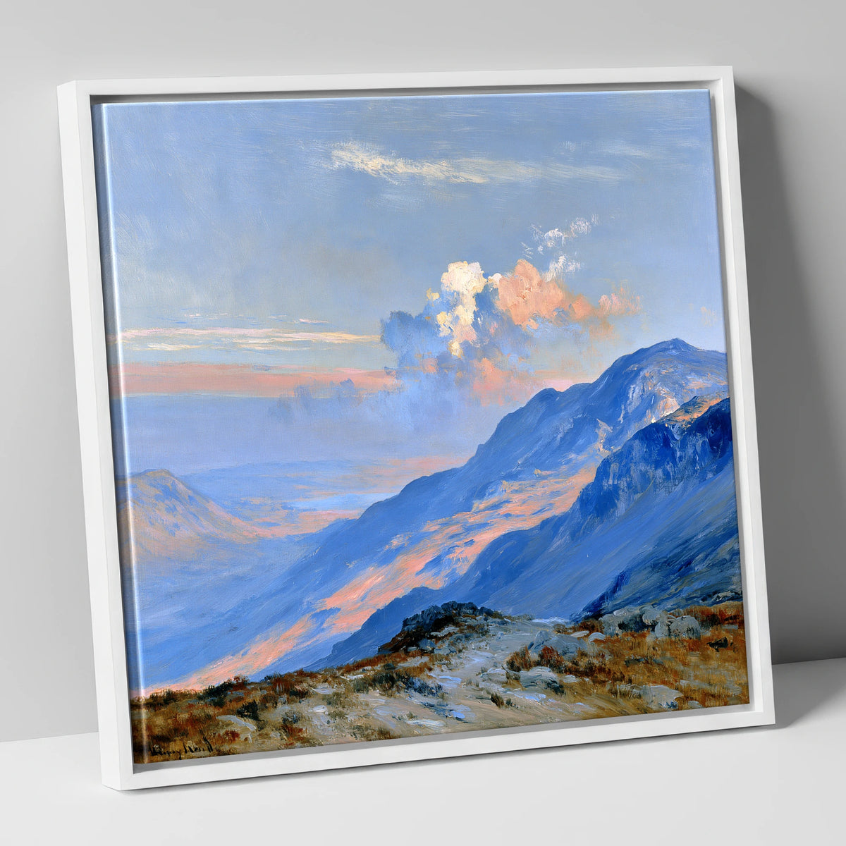 Sunlit Summit Over Blue Fells lake district fell canvas wall art in white frame