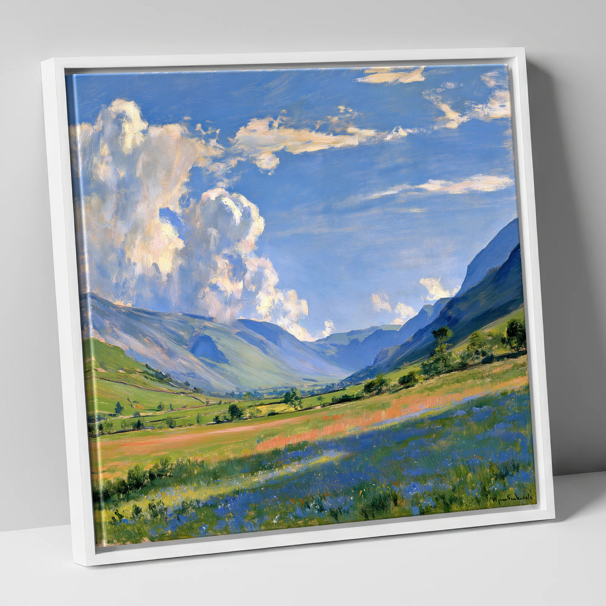 Sunlit Valley Under Billowing Clouds lake district valley canvas wall art in white frame
