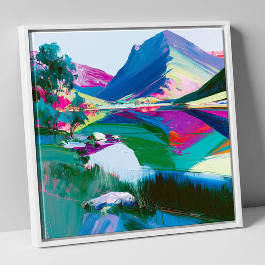 Vivid Lake District Mountain Reflection lake district fell canvas wall art in white frame