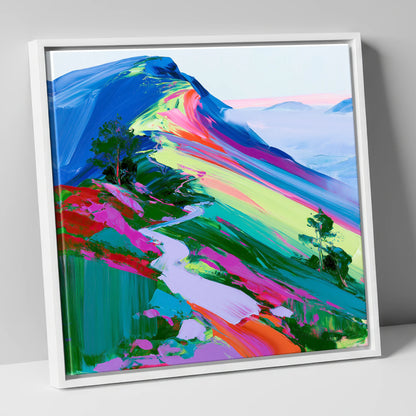Colourful Mountain Ridge Path lake district fell canvas wall art in white frame