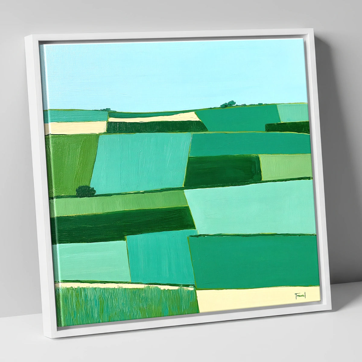 Green Patchwork Dale Fields lake district valley canvas wall art in white frame