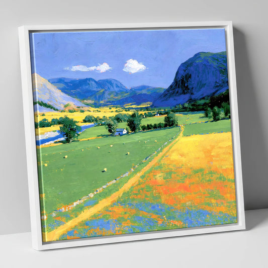 Vibrant Valley beneath Blue Fells lake district valley canvas wall art in white frame