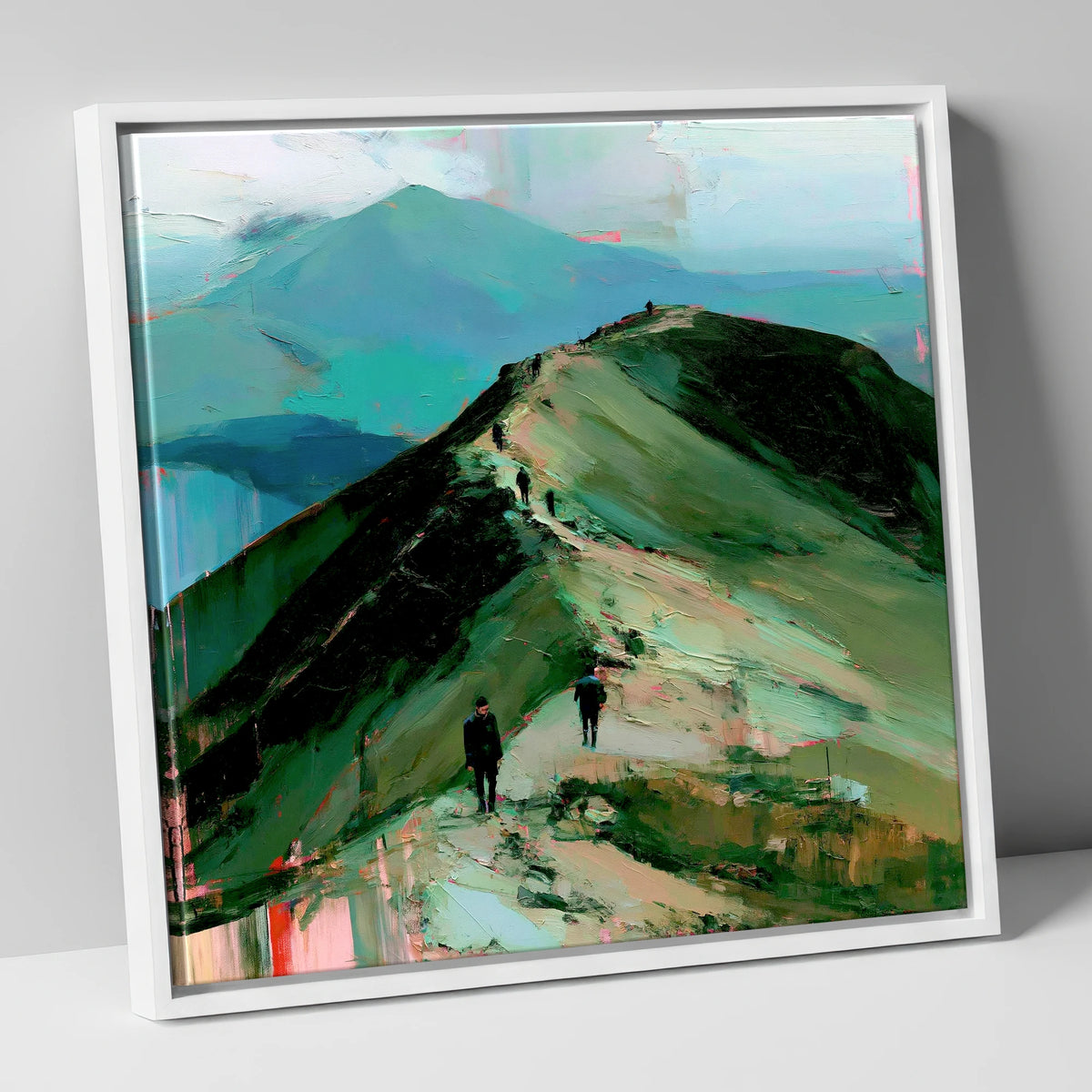 Silhouetted Hikers on Fell Ridge lake district fell canvas wall art in white frame