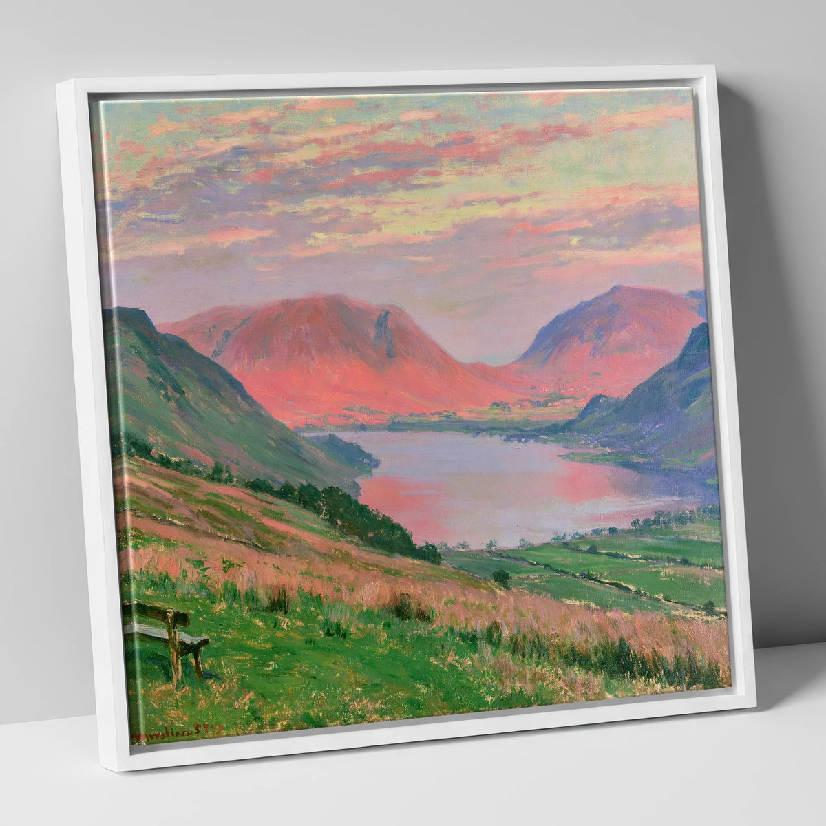 Loweswater Fells in Sunset Pink lake district lake canvas wall art in white frame