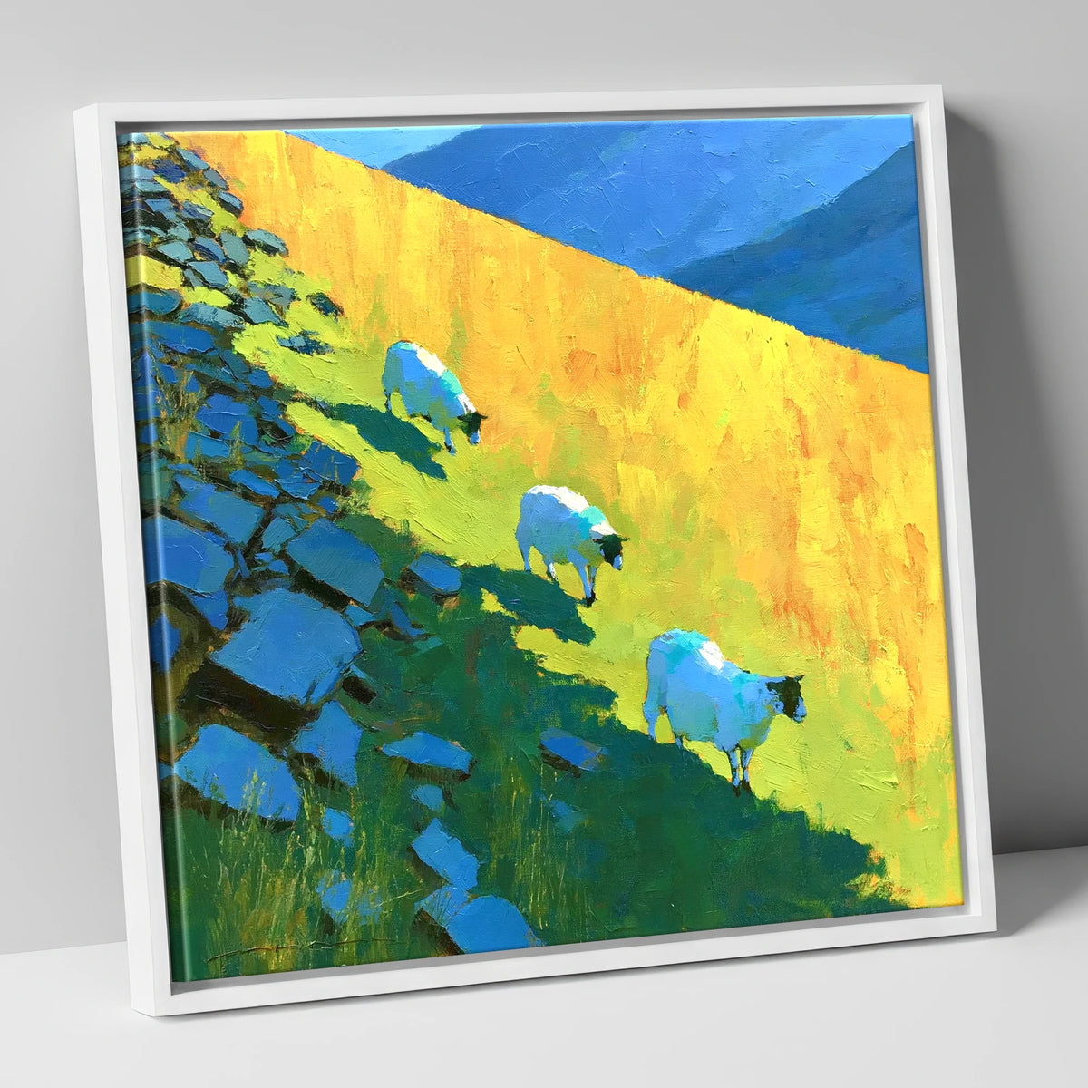 Fellside Sheep in Radiant Mountain Sunlight lake district wildlife canvas wall art in white frame
