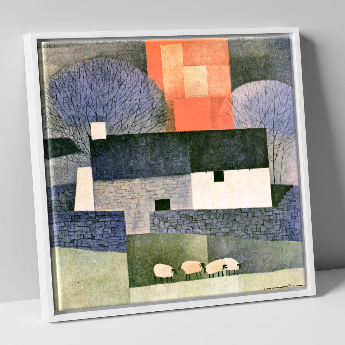 Stone Cottage in Bold Terracotta lake district village canvas wall art in white frame