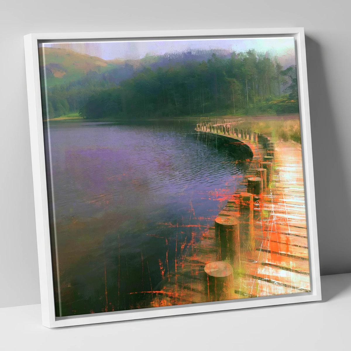 Tarn Hows Curving Boardwalk lake district lake canvas wall art in white frame