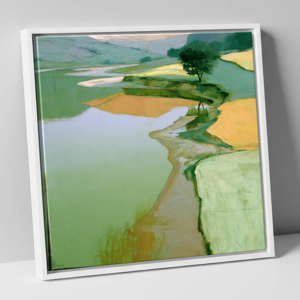 Winding Lake and Golden Fells lake district lake canvas wall art in white frame