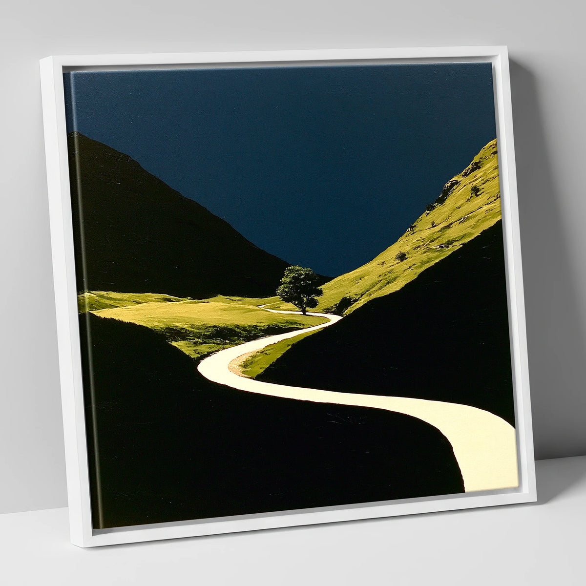 Winding River Through Dark Valley lake district waterfall canvas wall art in white frame