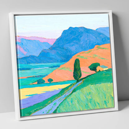 Golden Evening Light on Fells lake district sky canvas wall art in white frame