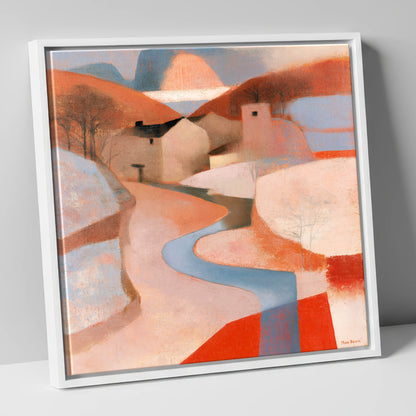 Terracotta Winding River Valley lake district waterfall canvas wall art in white frame
