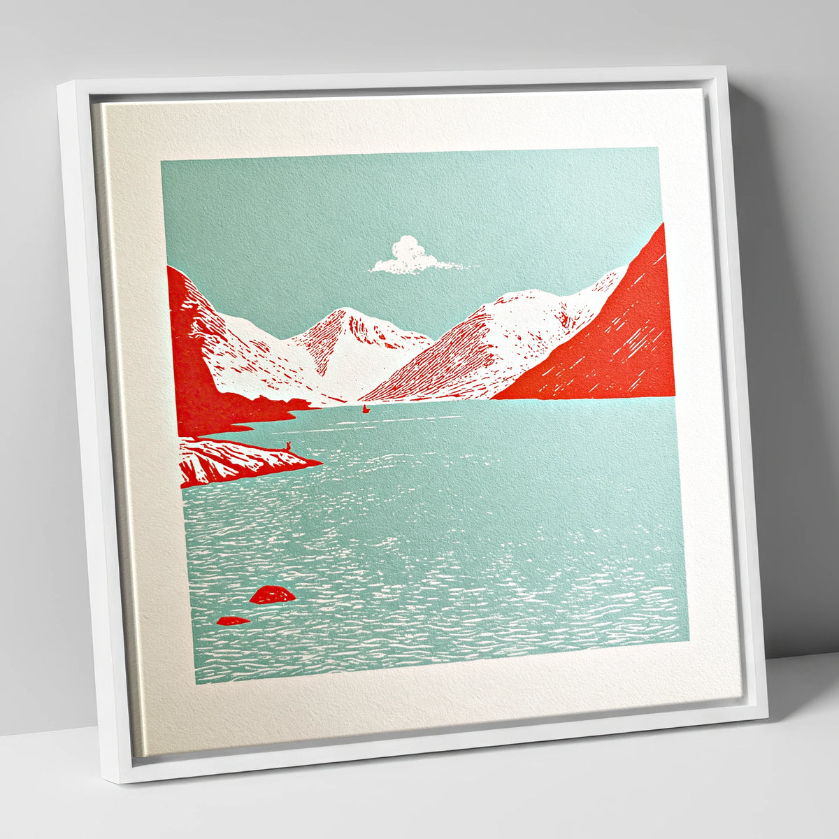 Vibrant Red Wastwater Landscape lake district lake canvas wall art in white frame