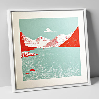 Vibrant Red Wastwater Landscape lake district lake canvas wall art in white frame