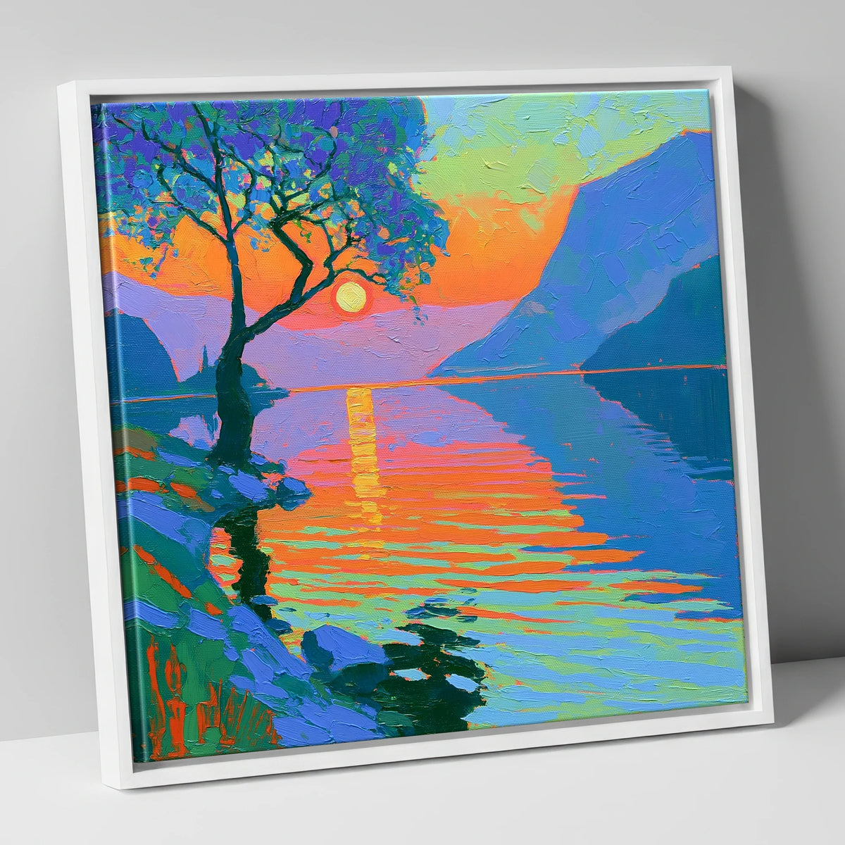 Radiant Sunset Over Lake Water lake district lake canvas wall art in white frame