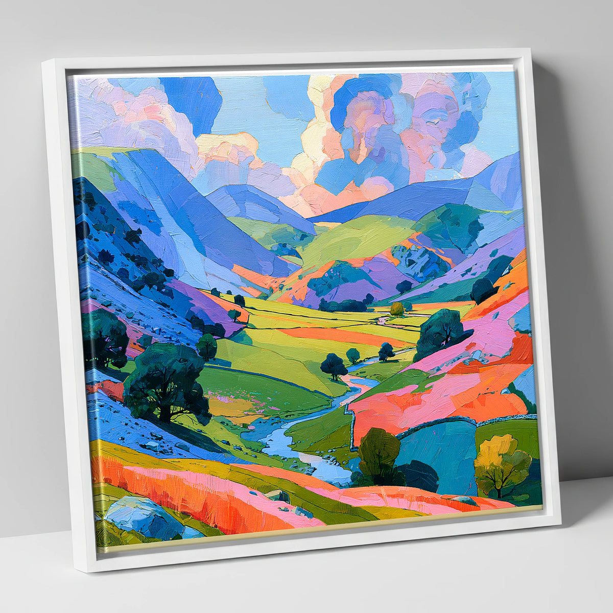 Lavender Fells and Valley Beck lake district valley canvas wall art in white frame