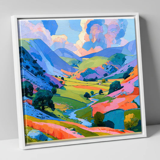 Lavender Fells and Valley Beck lake district valley canvas wall art in white frame